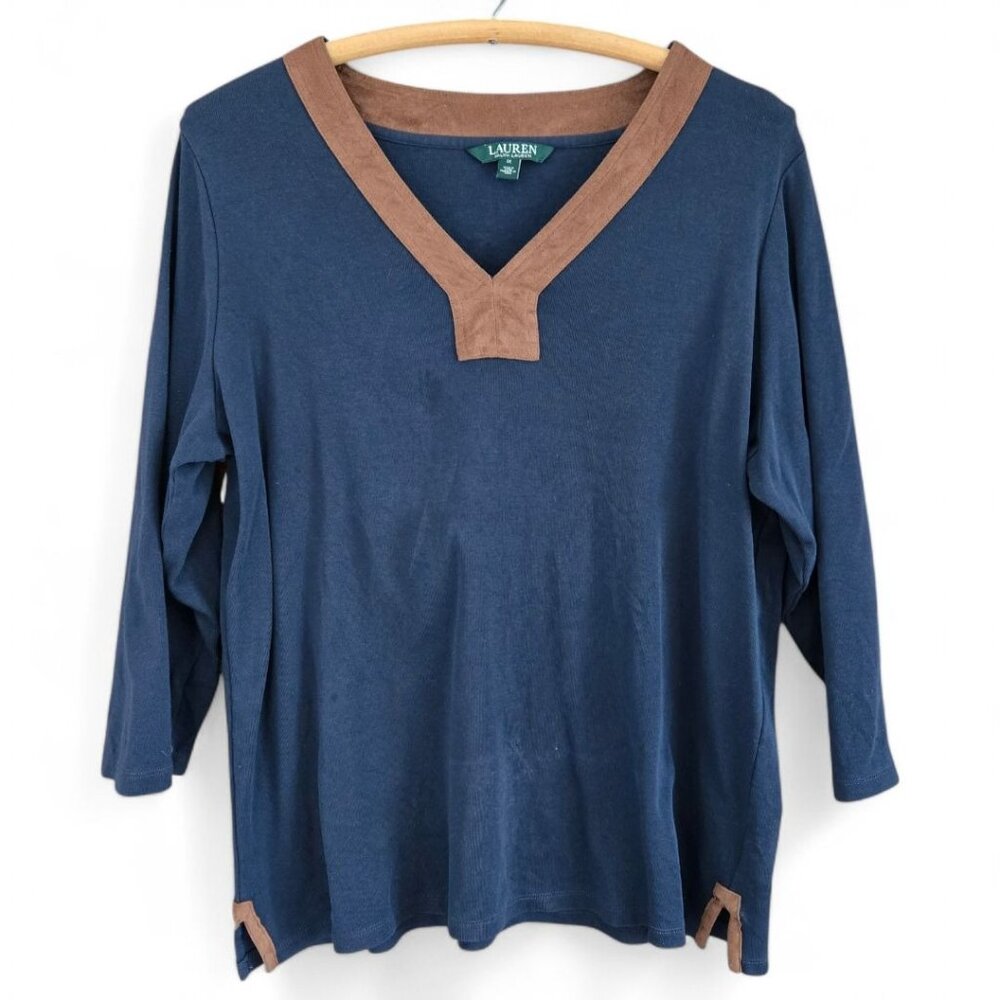 Lauren Ralph Lauren Navy & Brown V-Neck Cotton Top 1XL Brown Micro Suede Trim